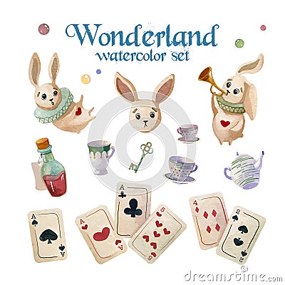 Watercolor wonderland set. Hand drawn vintage art work with white rabbit, playing cards and silver key Vector Illustration