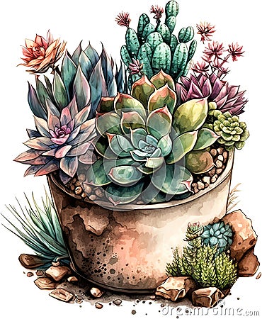 Watercolor Wonders: Captivating Succulents in Pots AI Generated Stock Photo