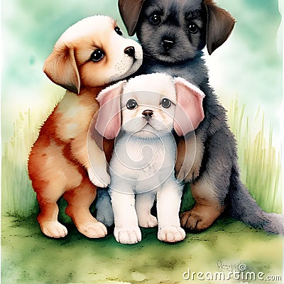 Watercolor Wonders - A Group of Adorable Puppies and Kittens Stock Photo