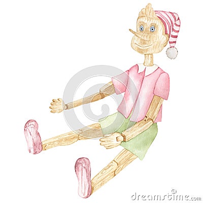 Watercolor illustration of pinocchio wooden toy Stock Photo