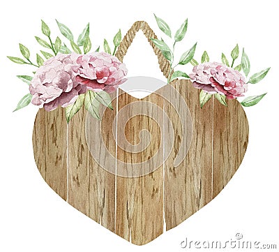 Watercolor wooden heart slice with flowers Stock Photo