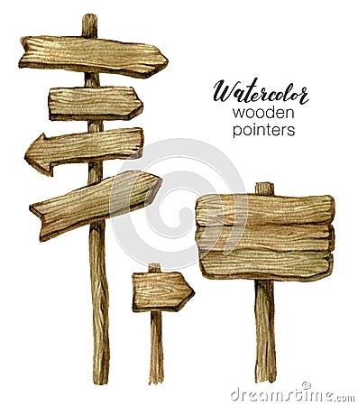 Watercolor wooden sign boards and arrows set. Handpainted collection watercolor wood planks clipart. Rustic illustration Vector Illustration