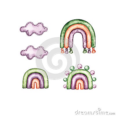 Watercolor wooden toys for newborns rainbow, cloud Stock Photo