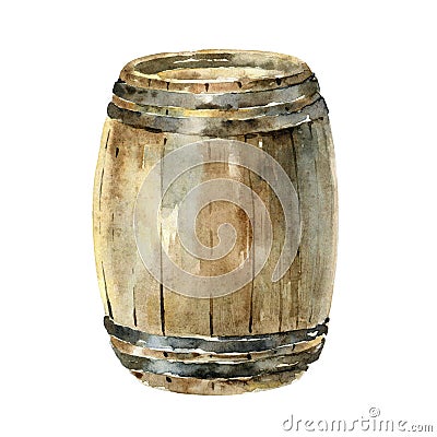 Watercolor wooden wine barrel isolated on white background Cartoon Illustration