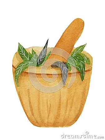 Watercolor wooden witch mortar with herbs, isolated on white background. For various products, Halloween, cards, etc. Cartoon Illustration