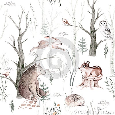 Watercolor Woodland animal Scandinavian seamless pattern. Fabric wallpaper background with Owl, hedgehog, fox and Stock Photo