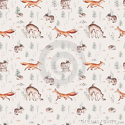 Watercolor Woodland animal Scandinavian seamless pattern. Fabric wallpaper background with Owl, hedgehog, fox and Stock Photo