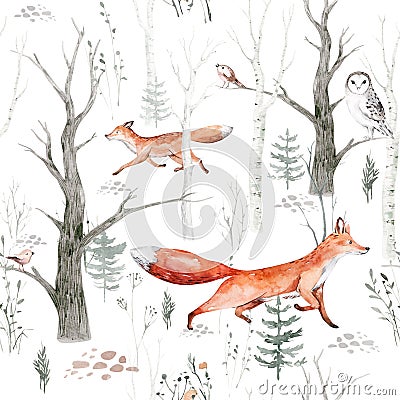 Watercolor Woodland animals seamless pattern. Fabric wallpaper background with Owl, hedgehog, fox and butterfly, Bunny Stock Photo