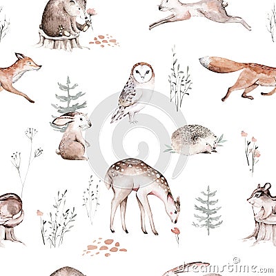 Watercolor Woodland animal Scandinavian seamless pattern. Fabric wallpaper background with Owl, hedgehog, fox and Stock Photo