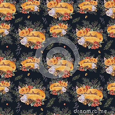 Watercolor woodland fox seamless pattern, Sleeping fox in the forest. Spruce branch, berries, pine cone Stock Photo