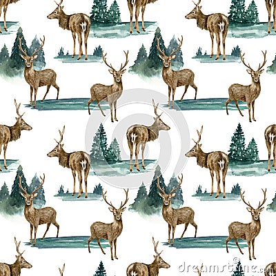 Watercolor woodland seamless pattern with deer and landscape. Hand painted realistic buck deer with antlers and fir Stock Photo