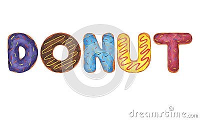 Watercolor word DONAT Cartoon Illustration