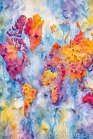 watercolor world map with artistic brush strokes Stock Photo