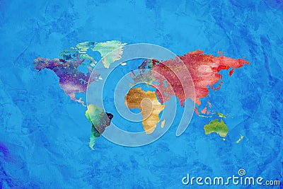 Watercolor world map artistic design on blue background Stock Photo