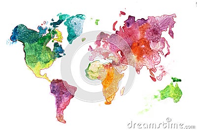 Watercolor world map hand drawn. Aquarelle illustration Cartoon Illustration