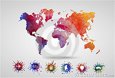 Watercolor World Map with Transport Icons Set Vector Illustration