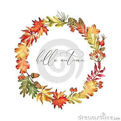 Autumn wreath round frame with oak, maple leaves, rosehip and berries. Invitation template. Vector Illustration