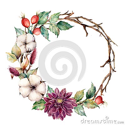 Watercolor wreath with autumn plants and flowers. Hand painted tree border with cotton, dahlia, dogrose berries and Cartoon Illustration