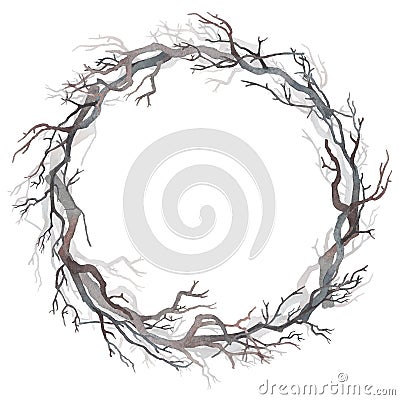 Watercolor wreath of bare branches Stock Photo