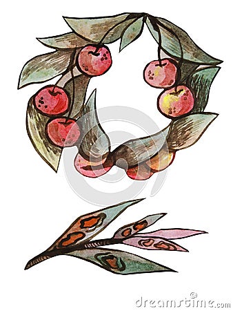 Watercolor wreath of cherries and leaves Stock Photo