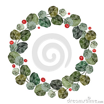 Watercolor wreath with christmas tree branches and holly berries Vector Illustration