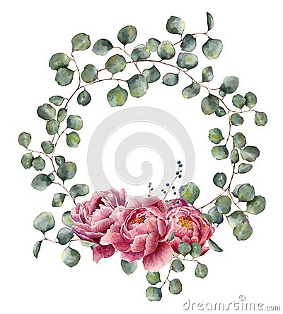 Watercolor wreath with eucalyptus branch and peony. Hand painted floral illustration with round leaves of silver dollar Cartoon Illustration