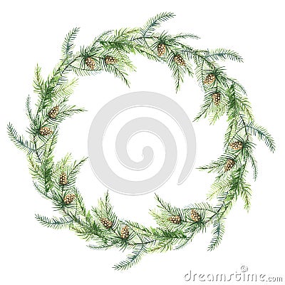 Watercolor wreath of fir twigs with cones, Stock Photo