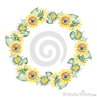 Watercolor wreath with flowers, sunflower seeds, leaves, sunflower sideways Stock Photo