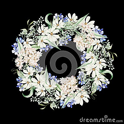 Watercolor wreath with forget me not flowers, chamomile and hydrangea, green leaves Stock Photo