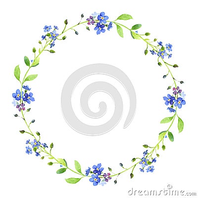 Watercolor wreath. Forget-me-nots and ribbon Stock Photo