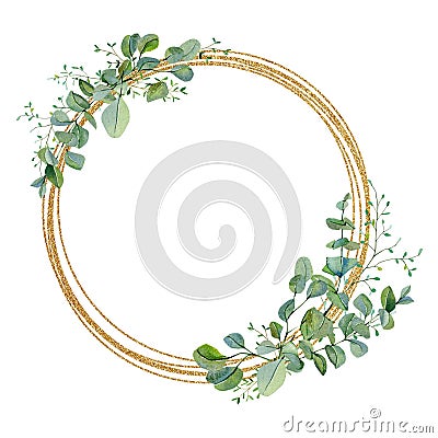 Watercolor wreath green floral with eucalyptus greenery leaves on golden frame. Baby nursery decor, greenery baby shower, wedding Stock Photo
