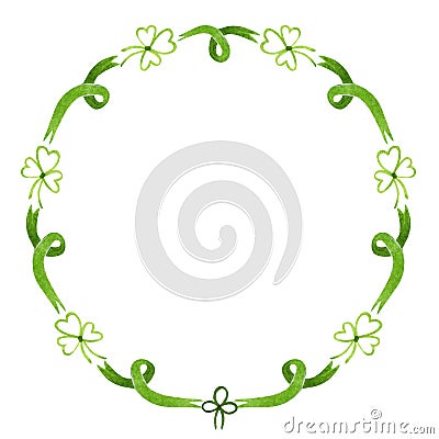 Watercolor wreath with green ribbons and clover on a white background. For greeting, Saint Patrick day holiday etc. Cartoon Illustration