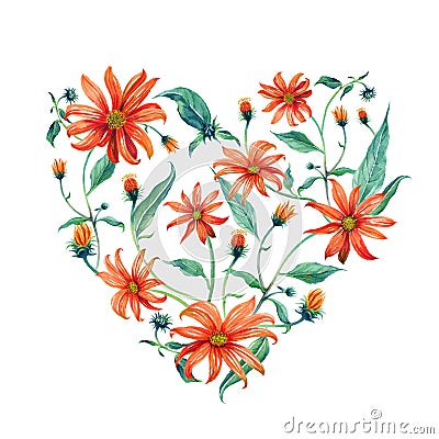 Watercolor wreath heart-shaped. Red daisies. Stock Photo