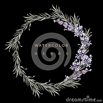 Watercolor wreath with herbs lavender and rosemary Stock Photo