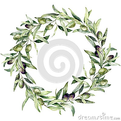 Watercolor wreath of olive branches with black and green berries. Hand painted nature bouquet isolated on white Cartoon Illustration