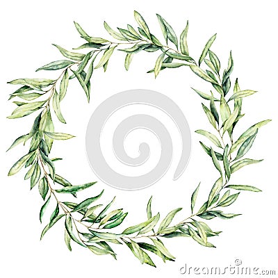 Watercolor wreath with olive leaves. Hand painted floral border with olive fruit and tree branches with leaves isolated Stock Photo