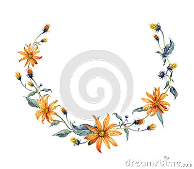 Watercolor wreath. Orange daisies with leaves Stock Photo