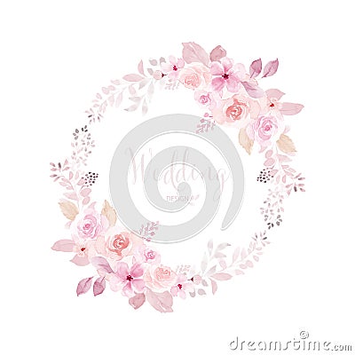 Watercolor wreath of pink flower and leaves Vector Illustration