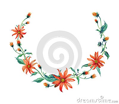 Watercolor wreath. Red daisies with leaves Stock Photo