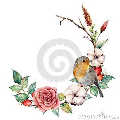 Watercolor wreath with robin and cotton. Hand painted tree border with rose, dogrose berries and leaves isolated on Stock Photo