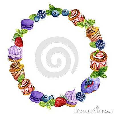 Watercolor wreath of sweet desserts and berries. Tasty composition of cakes, macaron, biscuits and mint Stock Photo