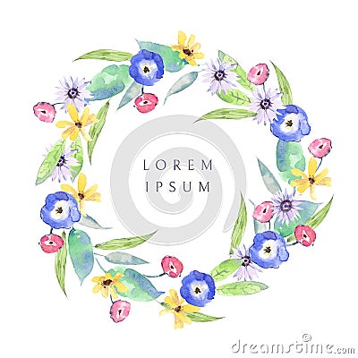 Watercolor wreath with wildflowers, pansies, daisies, leaves and grass. Stock Photo