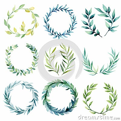 Handmade Watercolor Leaf Wreaths In Light Indigo And Light Green Stock Photo