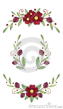 Watercolor wreaths fabulous leaves and branches isolated on white background. Stock Photo