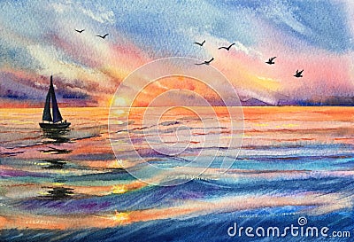 Watercolor yacht sailboat. Sunset at sea, ocean. Colorful seascape. Orange, yellow, blue, purple background. Horizontal view, copy Stock Photo