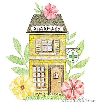 Watercolor yellow cartoon pharmacy building in flowers Cartoon Illustration