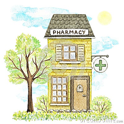 Watercolor yellow cartoon pharmacy building surrounded landscape Cartoon Illustration