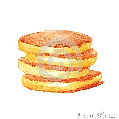 Watercolor yellow pancakes no filling on top, isolated in white background. Can be used for menu, template, cards, invitations Stock Photo