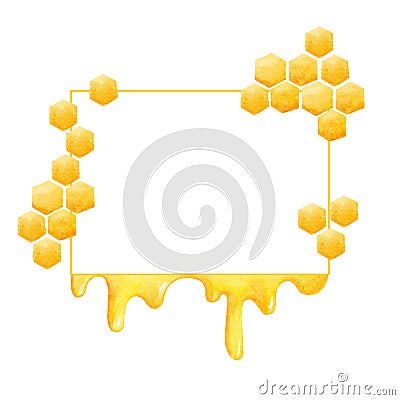 Watercolor yellow frame with drops honey, honeycombs. White background. Hand painting. Sweet illustration for printing Cartoon Illustration