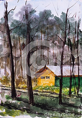 Yellow house in the forest Stock Photo